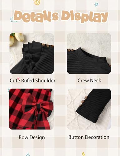 Image of Girls Clothes 2 Piece Ruffle Long Sleeve Shirt Top and Bow Plaid Skirt Set Girls Fall Winter Outfits 6-16 Years