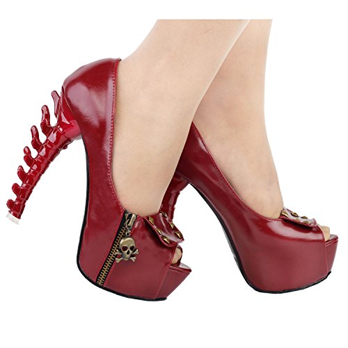 SHOW STORY Womens Skull Zipper Peeptoe Platform Bone Heel Club Pumps,LF806243