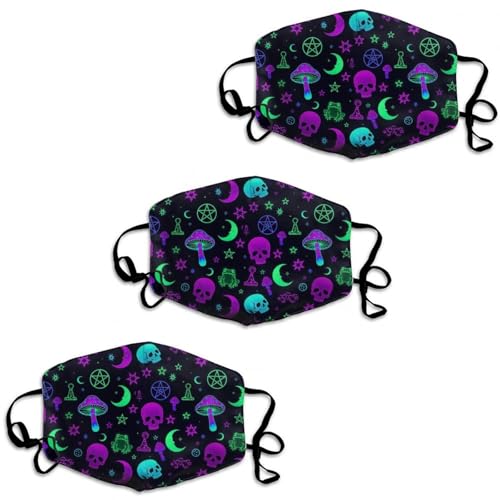 JZDACH Reusable Cloth Face Mask Mouth Scarf 3 Pack for Adults Dustproof Adjustable Ear Loops Breathable Comfortable Fabric Mask Balaclavas Witch Frogs Goth Moon Skull Mushroom