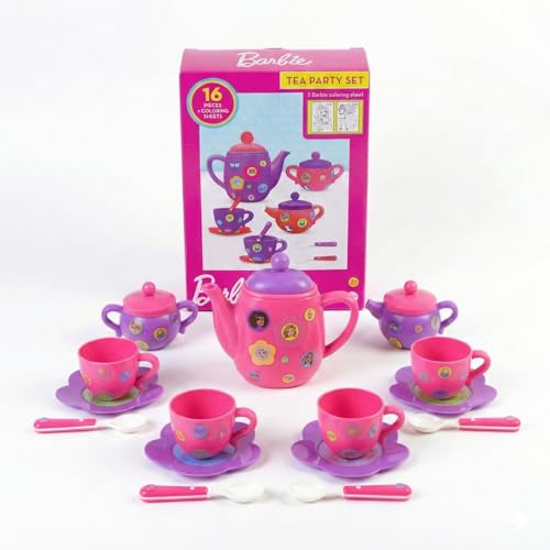 Image of Barbie Tea Party Set for Kids by GENIE'S TOY BUS | Tea Party Set Including Cups, Saucers,Tea Pot,Sugar Bowl, 2 Color Sheets, etc | Kitchen Toy Gift for Toddler Kids Girls 3 Yrs+ | ( Pink Color )