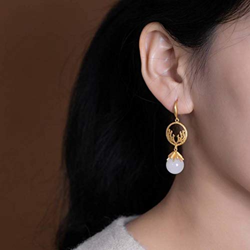 Boucles d'oreilles légères en jade blanc et bois pour oreilles sensibles au style oriental - 6