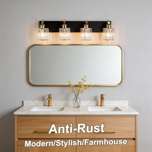Image of She's home 4 Light Crystal Vanity Lights for Bathroom - Black and Gold Modern Bathroom Vanity Lights Over Mirror 28 Inch, Bathroom Wall Lighting E26 Base