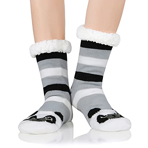 Zando Womens Fuzzy Socks Christmas Stockings Fox Cartoon Animal Christmas Slipper Socks For Women Grippers Winter Sherpa Furry Fluffy Socks Comfy Warm Socks Christmas Gifts Black White Raccoon #TOP15