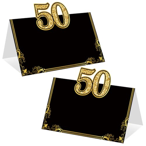 TagreSpike 50th Birthday Place Cards 50pcs Black Gold Food Tent Cards Fiftieth Name Card with Gold Foil Border for Men Women Birthday Wedding Anniversary Party Buffet Banquet Table Setting Supplies