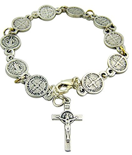 CB Silver Tone Saint St Benedict Medal Bracelet with Crucifix, 8 Inch