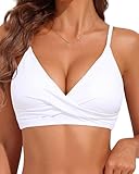 VividHarbor Women's Twist Front V Neck Bikini Top Padded Adjustable Spaghetti Straps Bathing Suit Tops Only White