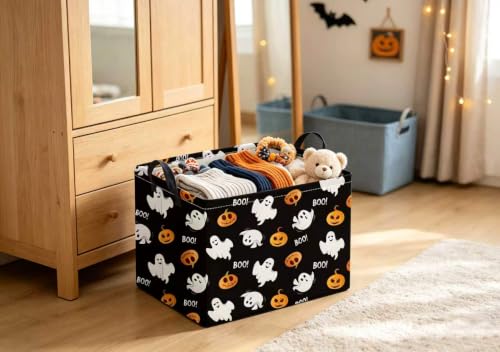 Image of Halloween Basket Cute Baskets for Kids Pumpkin Basket Rectangular Storage Bin Organizer Box Room Decor(Black Boo Halloween)