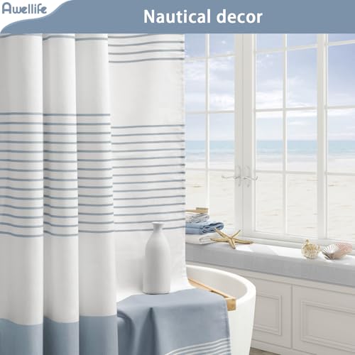 Awellife Blue Shower Curtain Beach Ocean Coastal Nautical Shower Curtain for Bathroom Stripe Tassel 72 X 72 Inches Cotton - Image 4