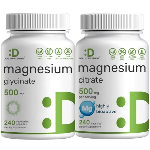 Magnesium Glycinate 500mg Veggie Capsules & Magnesium Citrate 500mg Bundle – Easily Absorbed Chelated Mineral – Highly Purified Elemental Form