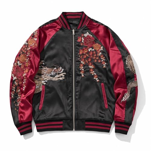 Reversible Streetwear Men Japanese Style Dragon Embroidery Bomber Jacket Stain Full-Zip Vintage Windbreaker2