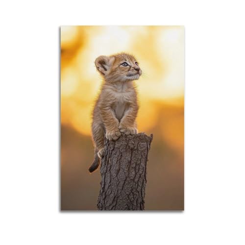 Décoration murale artistique moderne petit lion sur souche d'arbre 60x90