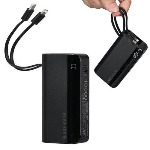 IAIGG Mini Power Bank 10000mAh, Fast Charging Portable Phone Charger with Built-in Cables (Removable), 22.5W USB C LED Display Small Battery Pack for iPhone 14 13 Samsung Galaxy Android Tablet (Black)