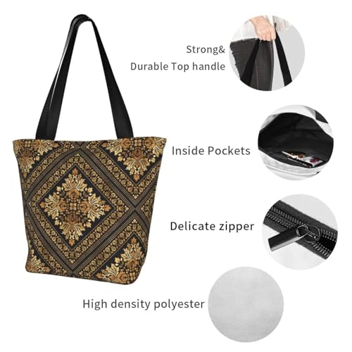 Oriental Vintage Damask Pattern - Black And Gold Reusable Zippered Shoulder Bag, Stylish Polyester Tote With Wide Handle & Inner Pocket, Lightweight Durable Shopping & Travel Bag3