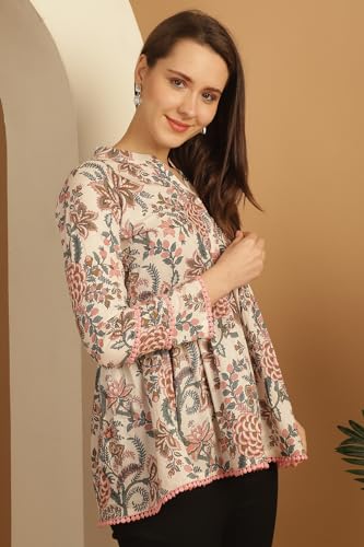 Image of Rajnandini Women's Pure Cotton Floral Printed Short Top (JOPLJPR763-XS White P)
