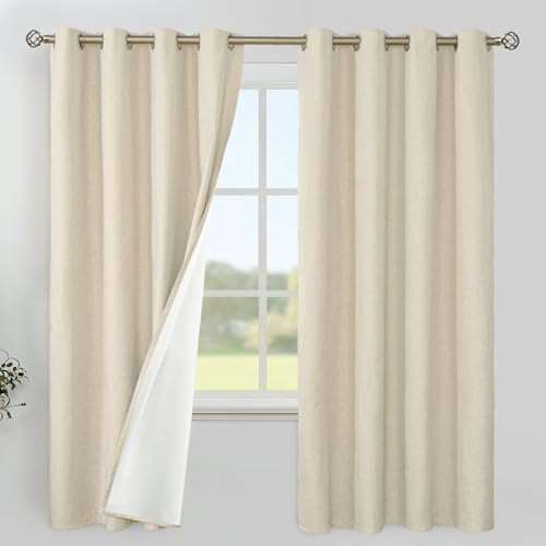 Image of YoungsTex 68 Inch Length Natural Linen Blackout Curtains for Bedroom, Thermal Insulated Drapes with Grommet Room Darkening Privacy for Living Room with White Liner, 2 Panels, 52 X 68 Inch
