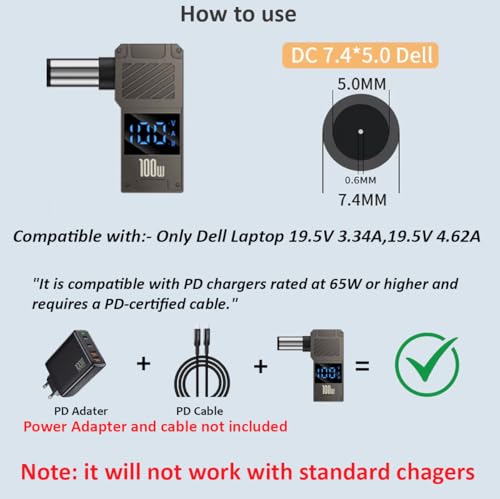 Image of ETZIN USB C Female to DC 7.4 x 5.0mm DC Power Fast Charging Adapter for Dell | Aluminium Alloy 90 Degree Angled (7.4x5.0mm DELL)