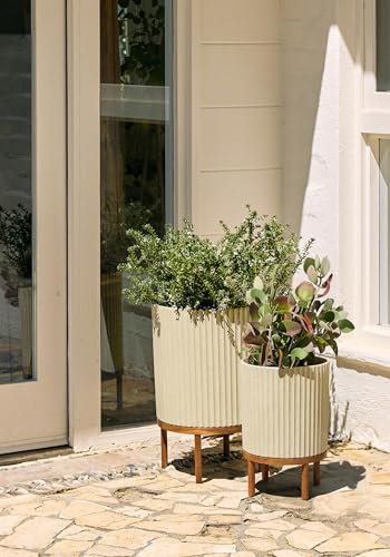 Image of Veradek Demi Series Raised Duo Planters - Set of 2 Planters with Stands | Made From a Durable Plastic-Stone Composite & Comes With Wooden Stand. Modern Porch /Patio Decor