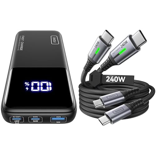 INIU 20000mAh 65W Compact USB C Laptop Portable Charger,& 240W Fast Charging [6.6ft, 2-Pack] Type C Charger Cord Combo