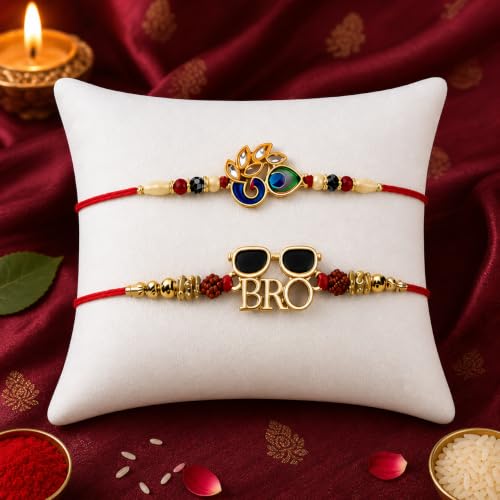 Image of Oblivion Rakhi Set of 2 for Brothers with Reusable Orange 750ml Water Bottle, Om Peacock Feather and BRO Sunglasses Rakhi, Roli Chawal, Shagun Coin and Greeting Card