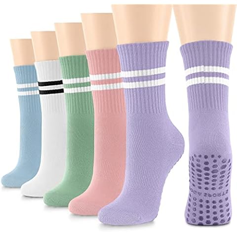BLONGW 5 PairsGrip Socks for Women, Non Slip Pilates Yoga Crew Socks for Barre Hospital Workout Sticky Slipper Socks Cover