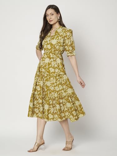 Image of PIDAVLIYA'S Women's Cotton Floral Printed Midi Dress | V-Neck Fit & Flare Dress with Puff Sleeves | Casual Summer Wear