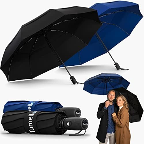 TUMELLA 2-pack, Unbreakable Windproof Travel Umbrella (Light, Beautiful, Superior), 2023 Ultra-Flex Tech, Compact, Small, Portable, Automatic, Strong, Durable, Premium Grip, Vibrant Designs, Folding Umbrella, 9-rib, Black & Navy Blue