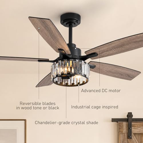 Image of 52 inch Crystal Fandelier Ceiling Fan with LED Lights, Chandelier Ceiling Fan with Remote and APP Control, Reversible Ceiling Fan for Indoor, Used in Bedroom, Living Room, Pation