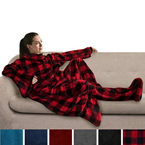 PAVILIA Fleece Blanket with Sleeves and Foot Pockets for Adult Women, Men |
