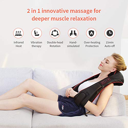 Handsfree Shiatsu Neck Shoulder Massager ELLESYE Electric Back Massage with Heat Vibration Deep Kneading Tissue Massage for Muscles Pain Soreness Relief in Office and Home
