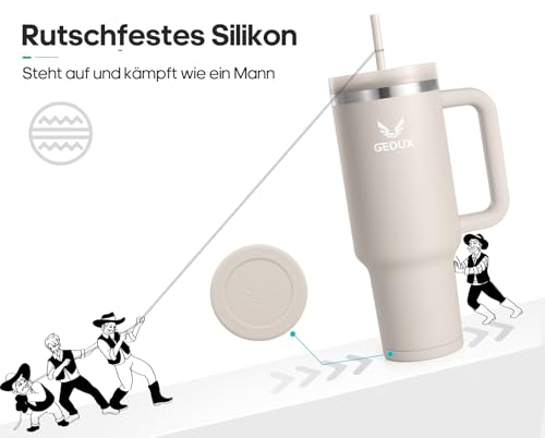 Image of Drinking Bottle with Straw, 1.2 L Thermal Mug with Handle, Leak-Proof | Double wall vacuum insulation, splash proof lid, non-slip silicone base, fits car cup holders