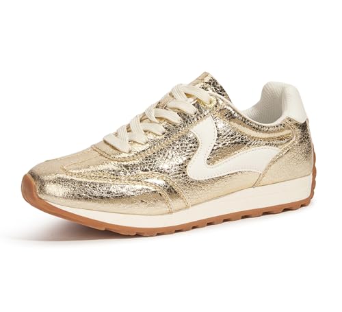 LUCKY STEP Women's Fashion Sneakers Trendy Tennis Shoes Neutral Stylish Retro Trainers Casual Running Walking Shoes(Gold,7 B(M) US)