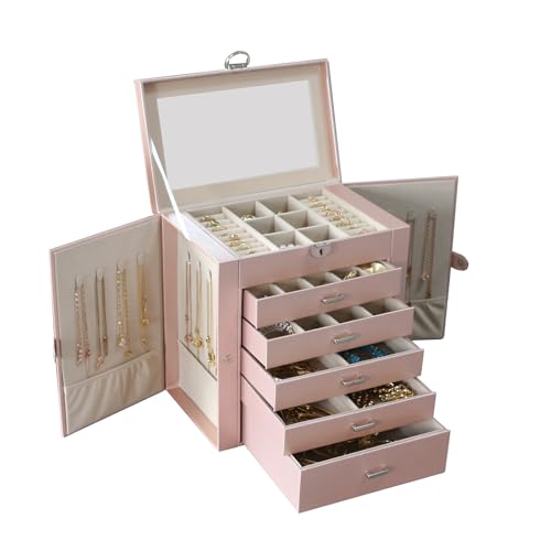 BOOVO Jewelry Box For women, 6 Layer Large Jewelry Organizer With Mirror, Multi-Function Storage Box With Lock, Accessory Holder With 5 Drawers, For Earrings Necklace Ring Bracelet (Rose Gold)