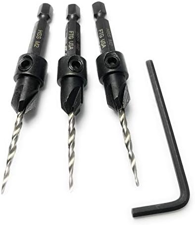 FTG USA Countersink Drill Bit Set 3 Pc #4 (7/64") Wood Countersink Drill Bit Same Size Set Countersink Tapered Countersink Bit, Quick Change Shank, 1 Hex Wrench, Woodworking Countersink Drill Bits