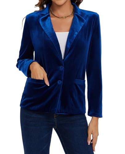 MINTLIMIT Women's Velvet Blazer Notched Lapel Button Front Suit Jacket Loose Fitting Tailored Jacket Coat with Pockets,M,Royal Blue3