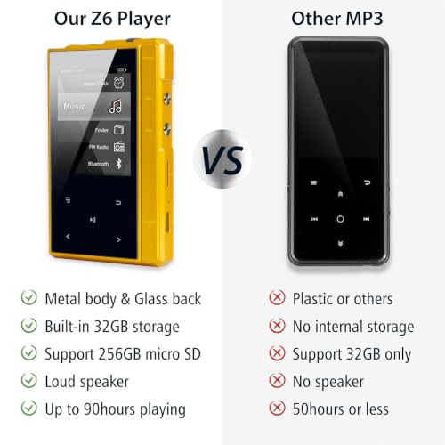 Image of 32GB MP3 Player with 90 Hours Long Battery Life,Bluetooth 5.0,Phinistec Z6 Digital Audio Player with Sturdy and Durable Metal Frame, 2.4'' IPS Glass Screen,FM Radio,Support up to 256GB