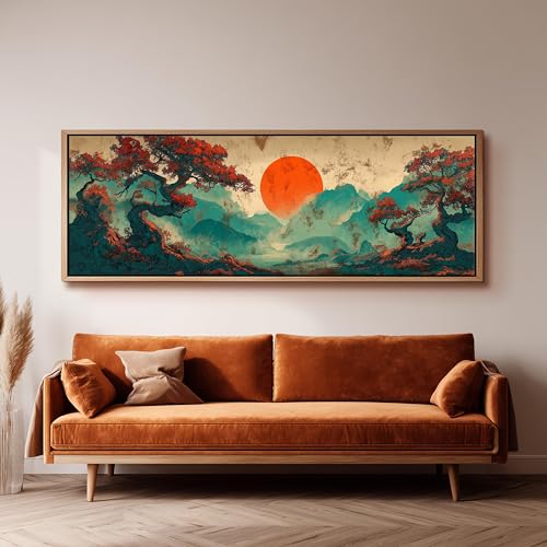 Tableau japonais panoramique pour dessus de canapé ou lit paysage montagne zen 45 x 135 cm