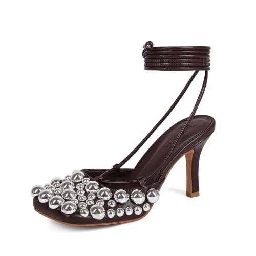 Image of Saint Leia Women's 4IN High Heel Sandals Nude Stiletto Pumps with Gold Silver Pearls Heels for Weddings Parties and Evening Wear