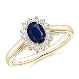 Princess Diana Inspired Blue Sapphire Ring with Diamond Halo in 14K Yellow Gold (6x4mm Blue...