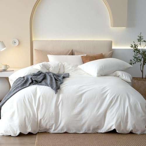 JIYUAN 100% Washed Cotton Duvet Cover Set 3 Pieces Oversized King, 1 Duvet Cover 120x98 Inches(Comforter Not Included) and 2 Pillowcases,Linen Feel Bedding Set Comfy and Breathable,Bright White