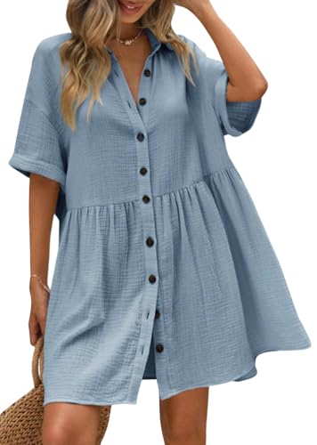 Tomwell Musselin Kleid Damen Leinenkleid Sommer Kurzarm Blusenkleid Einfarbig Knopfleiste Knielang Hemdkleid A Hellblau XL
