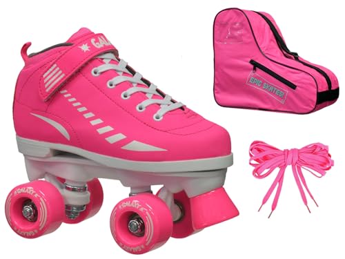 New Epic Galaxy Elite Pink Quad Roller Skate 3 Pc. Bundle w/Bag & Extra Laces (Pink & Black)! (Youth 1)
