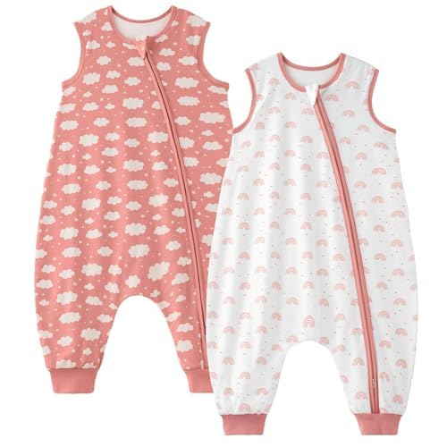Unnivoll Baby Schlafsack mit Füßen 1,0 Tog Schlafsack Baby Sommer 2er Pack Baumwolle Schlafsack mit Beinen Babyschlafsack Weich 100 cm für Jungen Mädchen Rosa Wolke