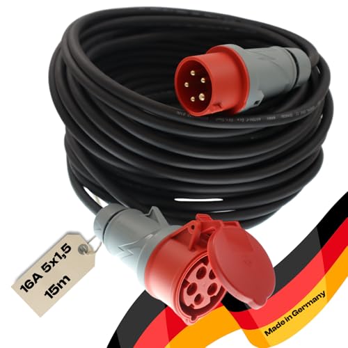 netbote24 maxgo CEE Verlängerungskabel Starkstromkabel H07RN-F 5x1 5mm 16A 400V Flexibles wetterfestes Industriekabel MENNEKES 5P Gummiverlängerung 15m