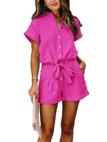 Paintcolors Women's Summer Short Sleeve Button Down Pockets Belted Elastic