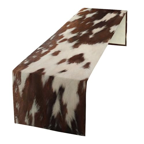 Cow Print Table Runner, Rustic Country Farmhouse Animal Fur Skin Western Farm Brown Cowhide Print Dinner Runner for Home Kitchen Dining Table Decoration 13"x108" by SHElifestyle - Used condition - US$20.79