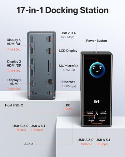 Image of Selore Laptop Docking Station 3 Monitors, Triple 4K Display 3 HDMI 2 DP, Smart Display with Weather,100W PD, 10Gbps USB A /C, Gigabit Ethernet, SD /microSD Reader for Dell /HP /Lenovo /Asus /Acer