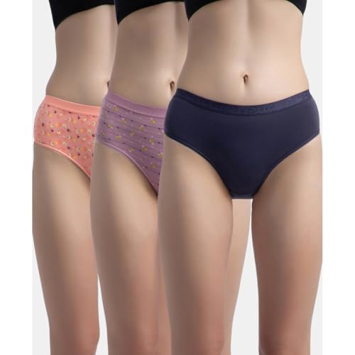 Image of Jockey 3006 Women High Coverage Super Combed Cotton Elastane Stretch Mid Waist Hipster with Exposed Waistband (Pack of 3, Colors & Prints May Vary)