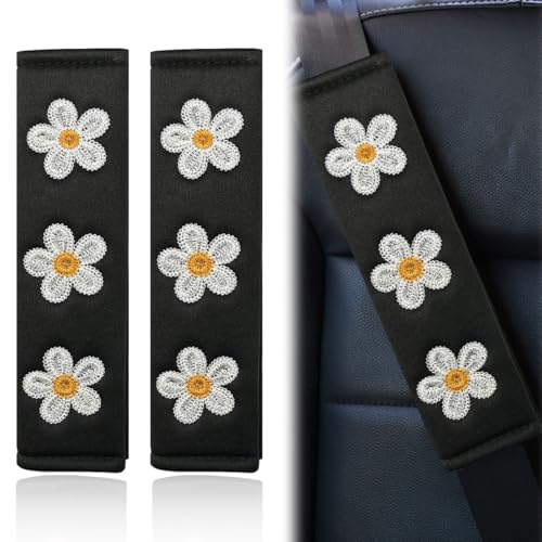 Image of 2PCS Daisy Flower Car Seat Belt Cover Pads, Protect Neck, White | Soft Breathable Auto Seat Shoulder Strap Pad, Comfortable Seatbelt Cushion, Vehicle Interior Decoration for Cars, Trucks