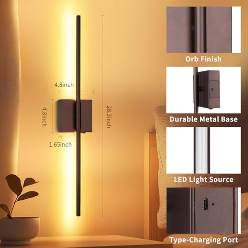 Image of Battery Operated Wall Sconce with Remote Control, Rechargeable & Dimmable Wireless, Easy Install Peel and Stick, Timer Function, Linear Wall Lights for Living Room, Bedroom, Hallway 28.3 inch (Orb)