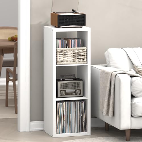 Image of Furinno Cubicle Record Player Stand, 3-Cube Vinyl Record Storage, White | Vinyl Storage, 1.2 inchInch Extra Thick, Open Back Media Shelf for CD DVD Bluray Game Disc, for Living Room, Home Office